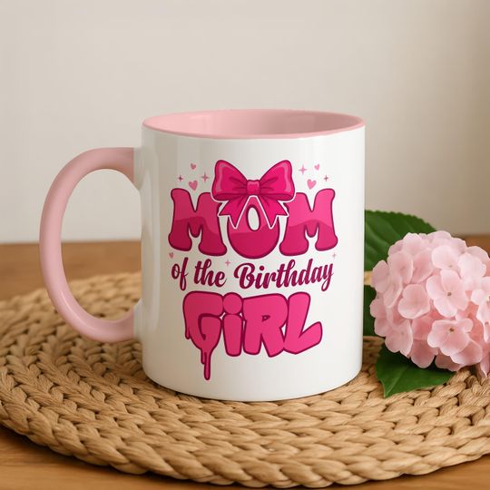 Discover Mom of the Birthday Girl Mug, Pink Bow Cute Gift, Birthday Present for Moms, Daughter Birthday, Birthday Party Mug, Mom Birthday