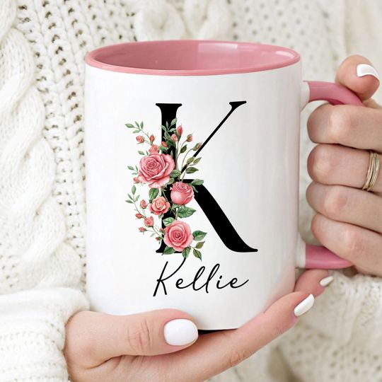 Custom Birth Flower Coffee Mug, Personalized June Birthflower Cup, Monogram Initial  Name