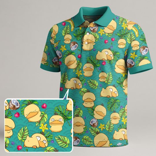 Discover Psyduck Polo Shirt, Tropical Button Up Shirt, Funny Cute Summer Shirt, Unisex Kawaii Green Polo, Trendy Japanese Style, Vintage Gift Idea