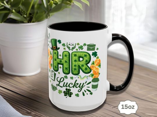 Discover Lucky HR St. Patrick's Day Mug | Shamrock, Leprechaun Hat, Human Resources Coworker Gift