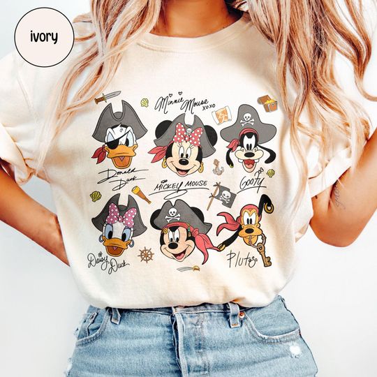 Discover Retro Disney Pirate Comfort Shirt, Mickey & Friends Pirate Signature Crew Tee, Minnie Goofy Donald Daisy Shirt, Disneyland Cruise Gift