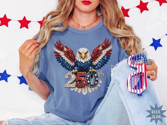 Comfort Colors USA 250th Anniversary Shirt, Faux Rhinestone Eagle Patriotic Shirt, 4th ofJuly Tee