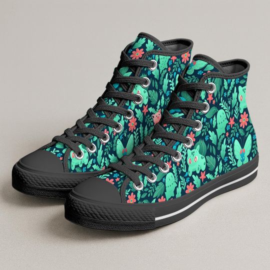 Bulbasaur Oddish High Top Shoes, Cute Floral Garden Kawaii Handmade Sneakers, Bulbasaur Shoes Gifts