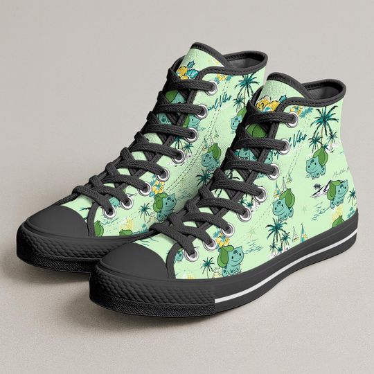 Bulbasaur High Top Shoes, Tropical Kawaii Sneakers, Cute Printed Shoes, Bulbasaur Shoes Gifts