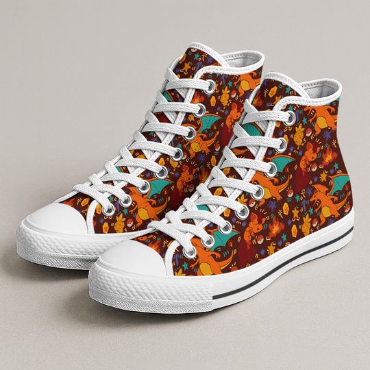 Charizard High Top Shoes, Fiery Kawaii Sneakers, Cute Printed Shoes, Charizard Shoes Gifts