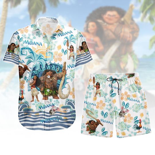 Disney Moana Button Shirt, Unisex Shorts, Maui Moana Hei Hei and Pua Hawaiian Shirt, Disney Family Shirt, Princess Summer Beach Shirt