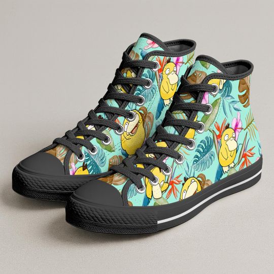 Discover Psyduck High Top Canvas Shoes, Funny Psyduck Tropical Pattern Sneakers, Kawaii Anime Unisex Canvas Shoes Gift