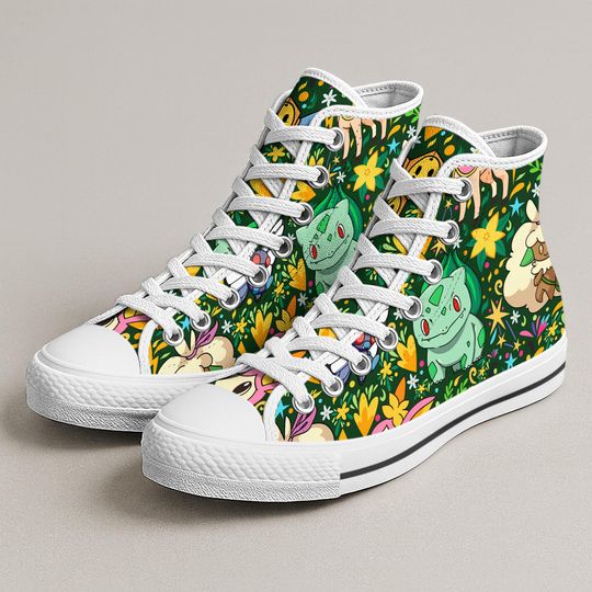 Bulbasaur Whimsicott High Top Shoes, Kawaii Floral Sneakers, Cute Canvas Shoes Gifts