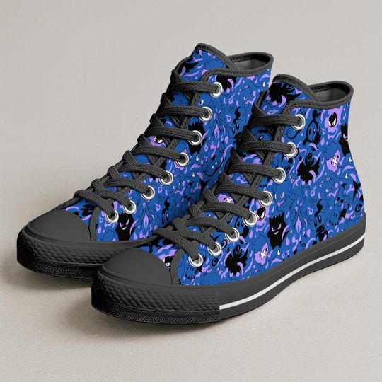 Gengar Mimikyu High Top Shoes, Spooky Kawaii Ghost Sneakers, Cute Printed Canvas Shoes, Gengar Shoes Gifts