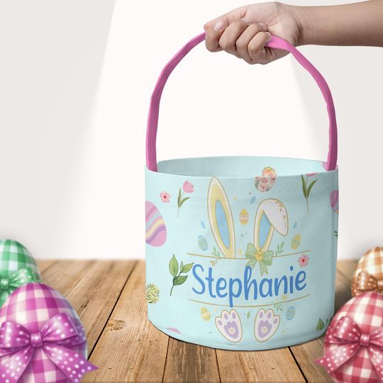 Personalized Easter Egg Hunt Basket with Name, Custom Bunny Easter Basket, Spring Egg Hunt Tote, Easter Gift for Girls & Boys