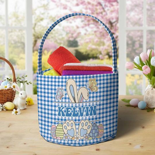 Custom Name Easter Basket for Kids, Personalized Name Easter Bucket with Name, Bunny Egg Hunt Gift