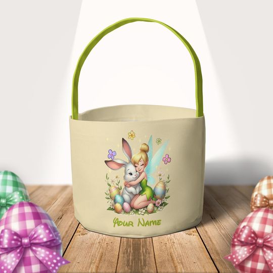 Personalized Tinker Bell Bunny Egg Disney Easter Basket, Tinker bell Disney Princess Happy Easter Family Egg Hunt Basket Home Decor