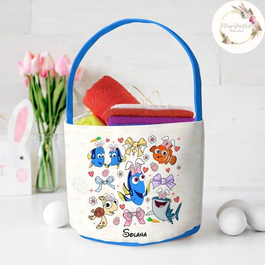 Personalized Coquette Bow Disney Finding Nemo Easter Basket, Finding Dory Bunny Easter Egg Hunt Basket, WDW Disneyland Family Easter Decor