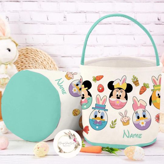 Discover Personalized Mickey and Friends Disney Easter Basket, Disney Bunny Easter Egg Hunt Basket, WDW Disneyland Family Happy Easter Decor Bag