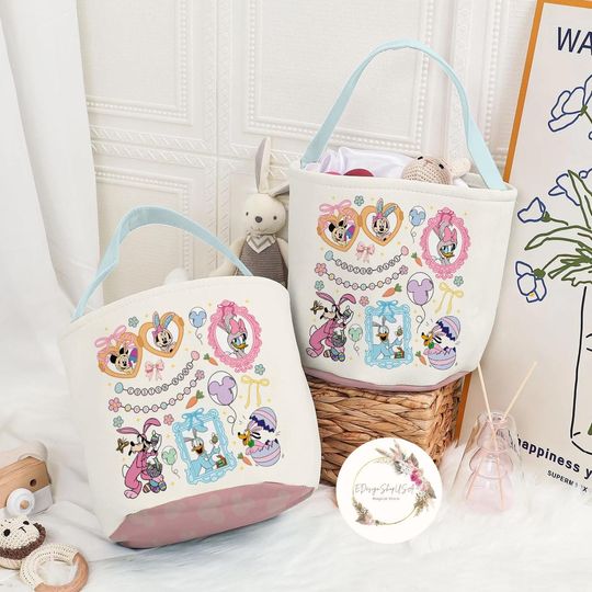 Discover Personalized Coquette Bows Disney Easter Basket, Mickey and Friends Bunny Easter Egg Hunt Basket, WDW Disneyland Family Happy Easter Decor
