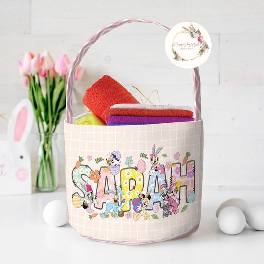 Discover Personalized Mickey and Friends Disney Easter Basket, Custom Name Bunny Easter Egg Hunt Basket, WDW Disneyland Family Easter Trip 2024 Bags