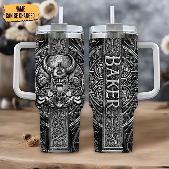 Discover Viking Warrior Personalized 40oz Tumbler with Handle   Stainless Steel Insulated Travel Mug  Norse Gift for Men & Myth Lovers