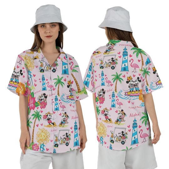 Discover Unisex Mickey And Minnie Aloha Hawaiian Shirt, Tropical Summer Beach Hawaii Shirt, Disneyland Family Trip, Pink Aesthetic Couple Matching