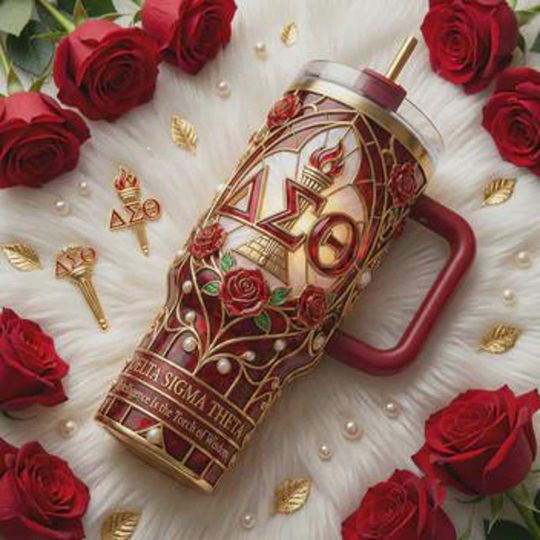 Stainless steel insulated mug with handle, inspired by the Delta Sigma Theta sorority