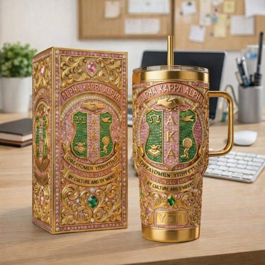 Alpha Kappa Alpha sorority-inspired insulated mug with handle and straw  Pink and green, stainless steel
