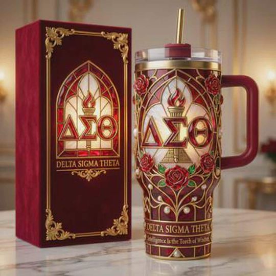 Stainless steel insulated mug, featuring a handle inspired by Delta Sigma Theta sorority