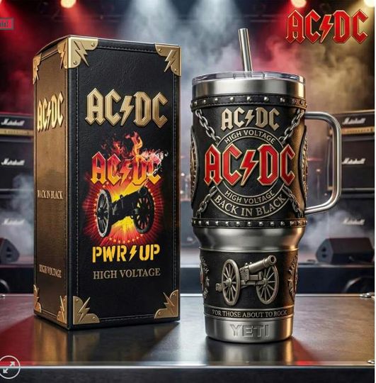Discover AC dc 40oz Insulated Mug  A stainless steel travel mug inspired by the rock band High Voltage, a gift for rock fans.