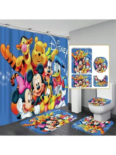 Discover Pooh Disney Cartoon Shower Curtain and Toilet Seat Cover Set