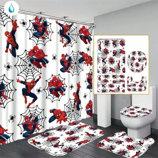 Spider-Man Cartoon Shower Curtain and Toilet Seat Cover Set for Bathroom
