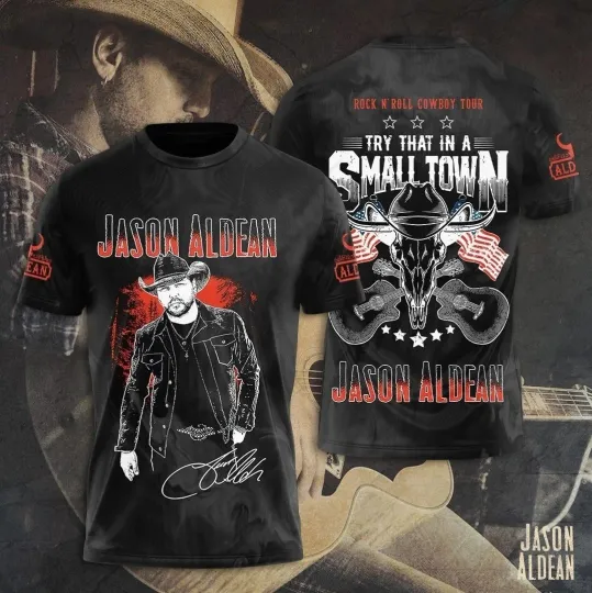 Jason Aldean Rock N'Roll Cowboy Tour Black S to 5XL 3D AOP Shirt