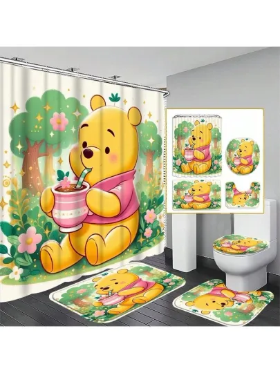 Discover Pooh Disney Cartoon Shower Curtain and Toilet Seat Cover Set, 4-Piece Bathroom Accessories
