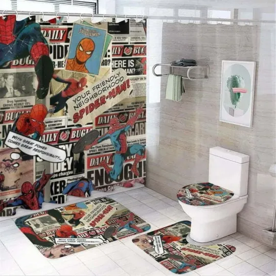 Discover Spider-Man Cartoon Bathroom Set with Shower Curtain and Toilet Seat Cover