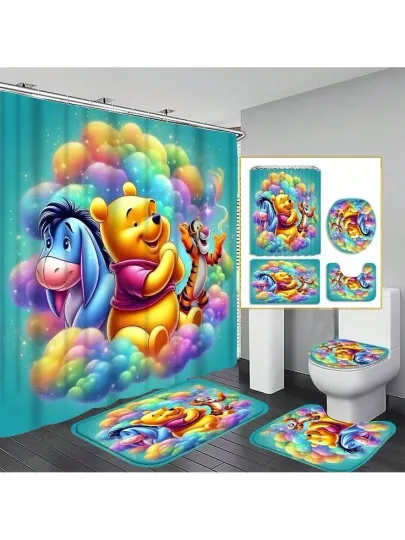 Pooh Disney Cartoon Shower Curtain and Toilet Seat Cover Set for Bathroom