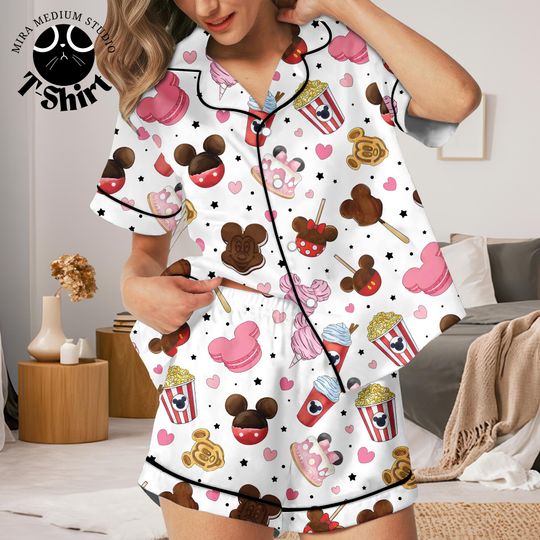 Discover Magical Mickey Cream Pajamas Set, Cute Disney Snacks Print Sleepwear for Women, Cozy Short Sleeve with Mickey Treats