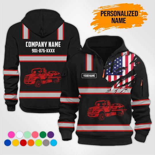 Personalized Non Reflective US FLAG Tow Truck Driver Quarter Zip Hoodie | Custom Name Company Logo Uniform