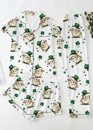 Discover St Patricks Day Pajama Set  Cute Lucky Sheep PJ Set  Shamrock Pajamas for Women  Irish Holiday Sleepwear  Short Sleeve Button Up Lounge