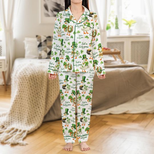 Discover St Patricks Day Pajama Set: Lucky Goose Print PJs, Shamrock Leprechaun Goose Sleepwear