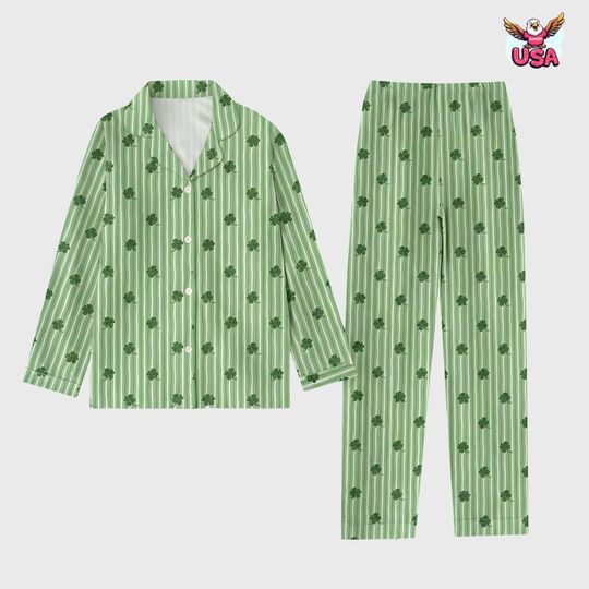 Discover Lucky Shamrock Patterned Pajamas, St Paddy's Day Green Stripe Two Piece Matching Lounge Set, Gift for Patrick'Day