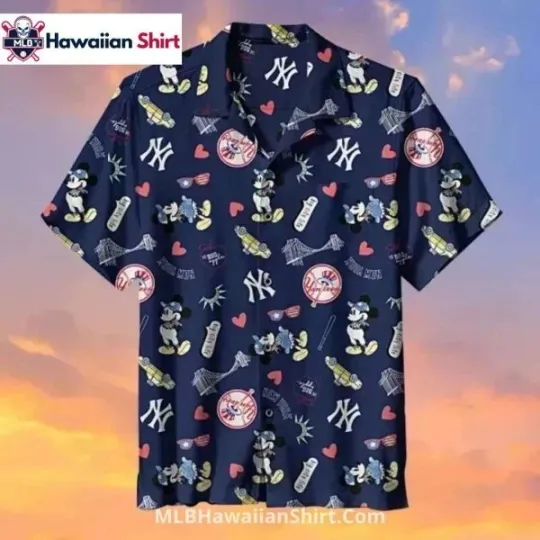 Discover Cartoon Mickey NY Baseball Team Yankeess Aloha Shirt With Hearts And Icons