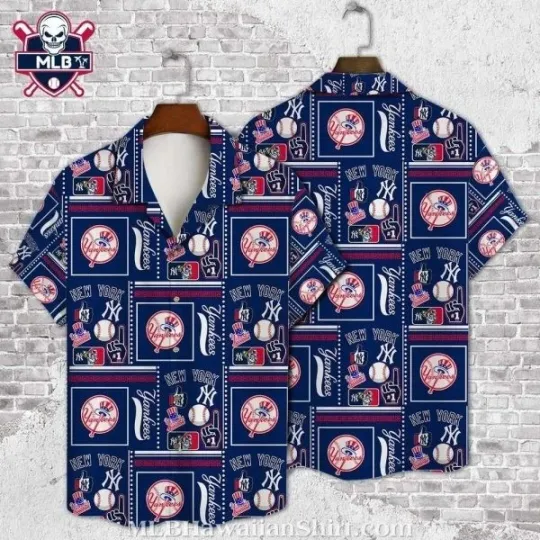 Classic Patchwork NY Baseball Team Yankeess Tropical Shirt – Navy Blue Field Of