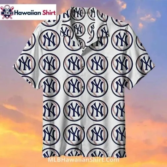 Discover Baseball Logo Pattern NY Baseball Team Yankeess Aloha Shirt In White Tone