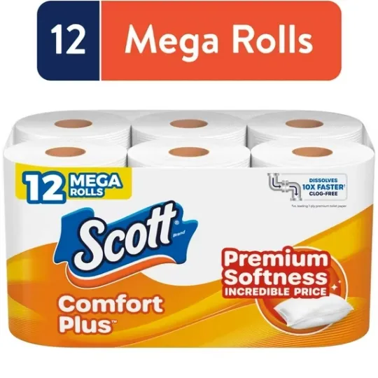 Discover Scott ComfortPlus Toilet Paper, 12 Mega Rolls