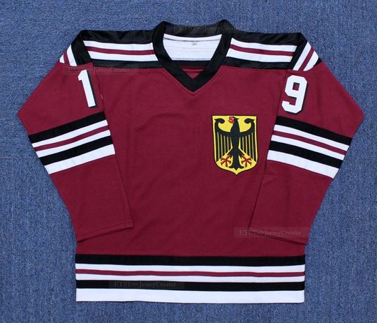 Discover Retro 1980 Ernst Hofner 19 West Germany Ice Hockey Jersey Red All Stitched;Custom Any Name;Youth/Adult Any Size