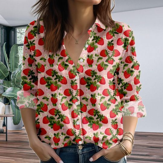 Discover Women’s Strawberry Print Blouse Shirt, Vintage Button-Up Top, Cute Fruit Pattern for Women