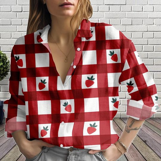Women's Strawberry Gingham Blouse, Red Picnic Button-Up Top, Summer Casual Shirt