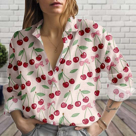 Discover Cherry Bow Women's Blouse, Casual Long Sleeve Top, Vintage Style Shirt, Gift for Her
