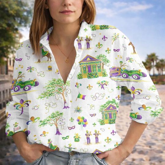 Discover Women's Mardi Gras Festival Blouse, Carnival Parade Top, Colorful NOLA Shirt