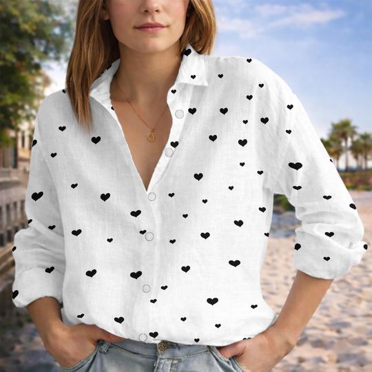 Discover Heart Pattern Shirt for Women, Black Heart Blouse, Casual Button-Up Top