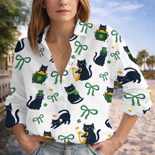Discover St Patrick Cat Blouse, Irish Lucky Shamrock Button-Up Shirt for Women