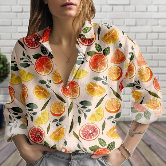 Vintage Citrus Blouse for Women, Orange Lemon Floral Summer Shirt