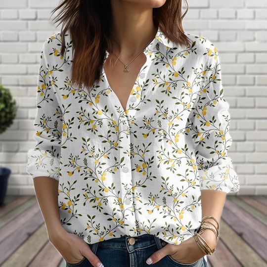 Vintage Lemon Shirt for Women, Summer Casual Blouse with Button Details